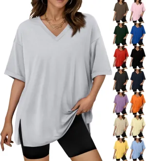 slqdgmryz Oversized Tshirts for Women Side Slit Half Sleeve Summer Tops Elbow Length V Neck T Shirts Loose Fit Dressy Blouses