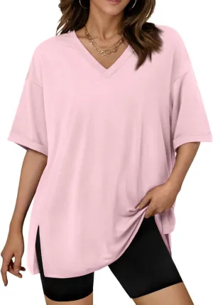 slqdgmryz Oversized Tshirts for Women Side Slit Half Sleeve Summer Tops Elbow Length V Neck T Shirts Loose Fit Dressy Blouses