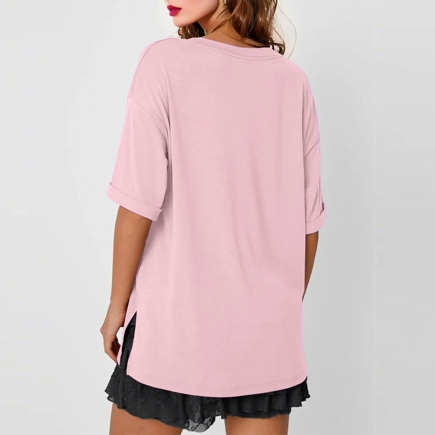 slqdgmryz Oversized Tshirts for Women Side Slit Half Sleeve Summer Tops Elbow Length V Neck T Shirts Loose Fit Dressy Blouses