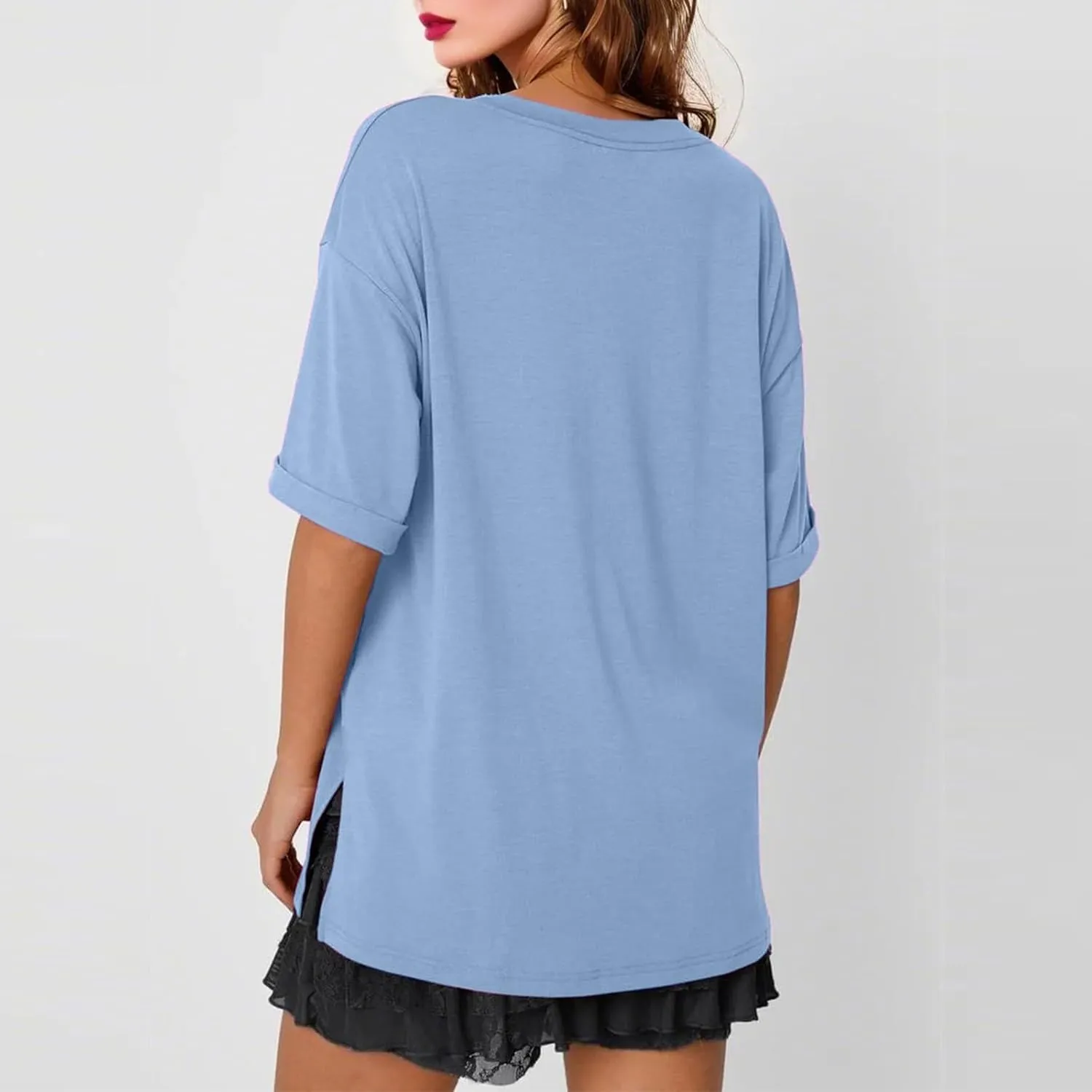 slqdgmryz Oversized Tshirts for Women Side Slit Half Sleeve Summer Tops Elbow Length V Neck T Shirts Loose Fit Dressy Blouses