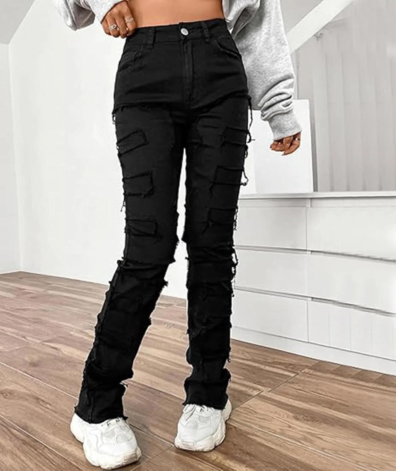 SOMTHRON Women's Stacked Jeans High Waisted Skinny Straight Leg Patchwork Ripped Frayed Raw Hem Denim Pants