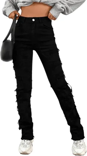 SOMTHRON Women's Stacked Jeans High Waisted Skinny Straight Leg Patchwork Ripped Frayed Raw Hem Denim Pants