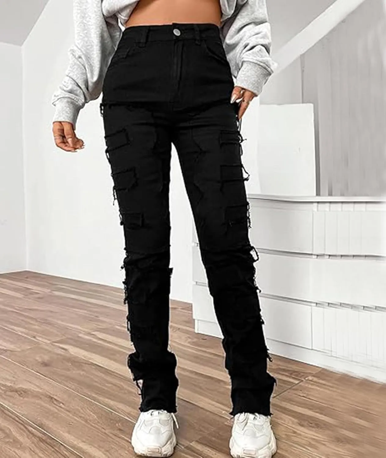 SOMTHRON Women's Stacked Jeans High Waisted Skinny Straight Leg Patchwork Ripped Frayed Raw Hem Denim Pants
