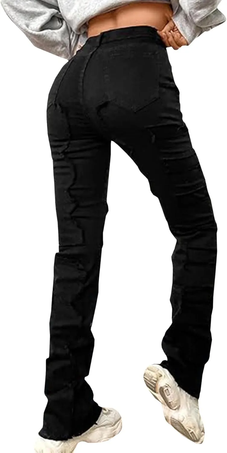 SOMTHRON Women's Stacked Jeans High Waisted Skinny Straight Leg Patchwork Ripped Frayed Raw Hem Denim Pants