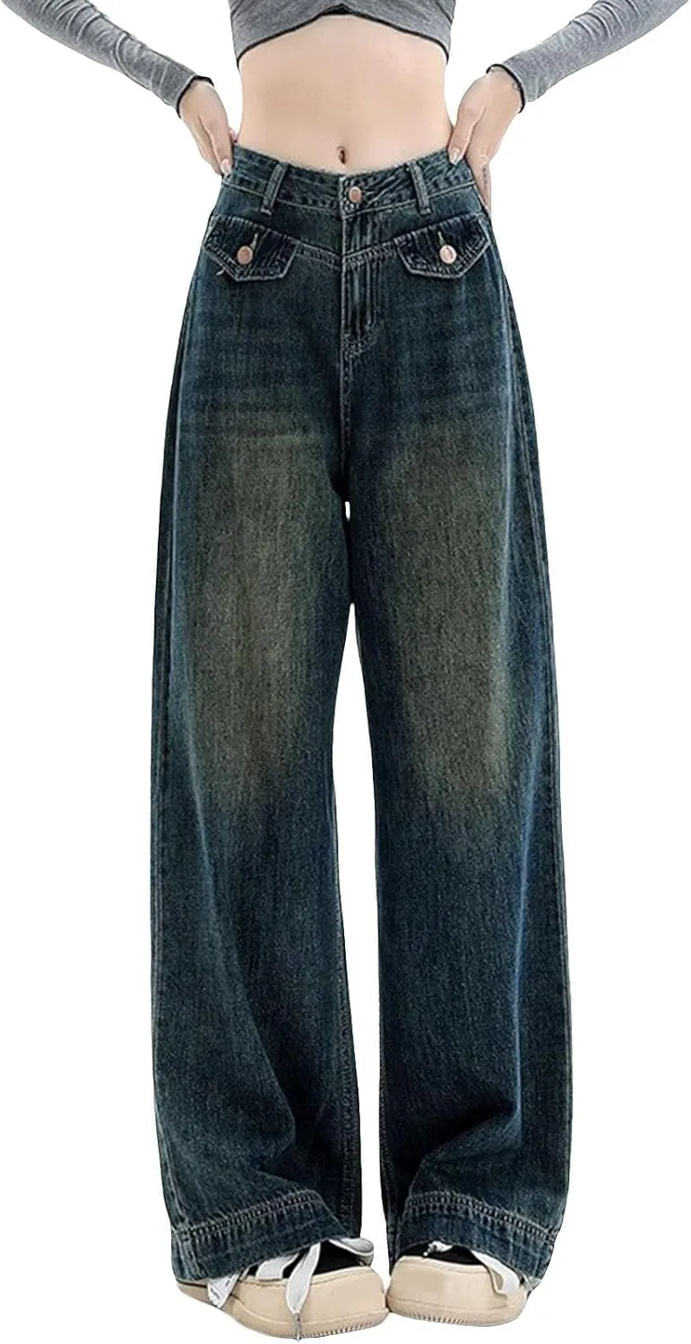 Straight Leg Jeans for Women High Waisted Boyfried Denim Pants Ripped Distressed with Pockets Baggy Jean Trousers