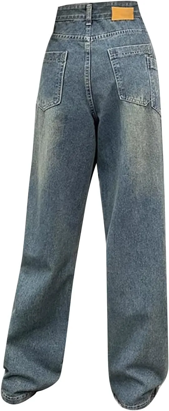 Straight Leg Jeans for Women High Waisted Boyfried Denim Pants Ripped Distressed with Pockets Baggy Jean Trousers