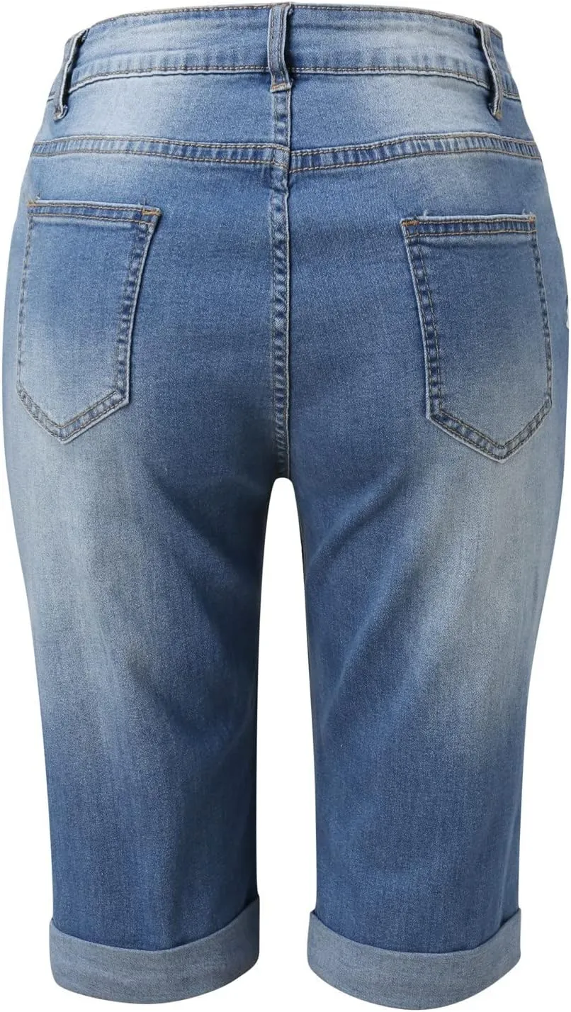 Summer Jean Shorts for Women Sexy High Waisted Ripped Destroyed Frayed Raw Hem Denim Shorts with Pockets