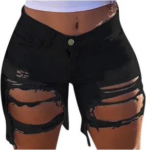 Summer Jean Shorts for Women Sexy High Waisted Ripped Destroyed Frayed Raw Hem Denim Shorts with Pockets