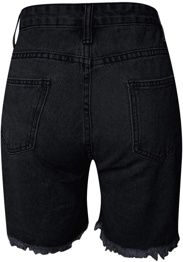 Summer Jean Shorts for Women Sexy High Waisted Ripped Destroyed Frayed Raw Hem Denim Shorts with Pockets
