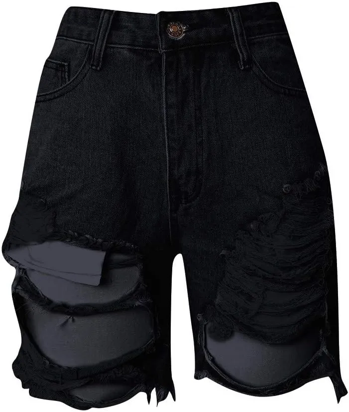Summer Jean Shorts for Women Sexy High Waisted Ripped Destroyed Frayed Raw Hem Denim Shorts with Pockets