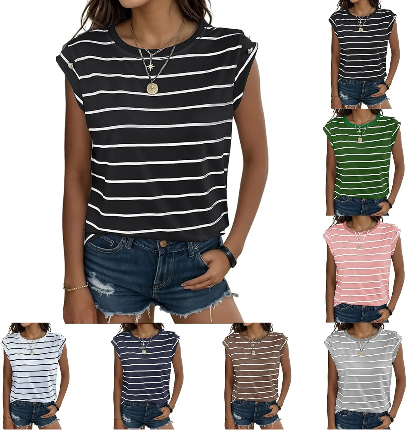 Summer Tops for Women Trendy Crewneck Cap Sleeve Tank Tops Comfortable Casual T Shirts Lightweight Loose Fit Tees Shirts