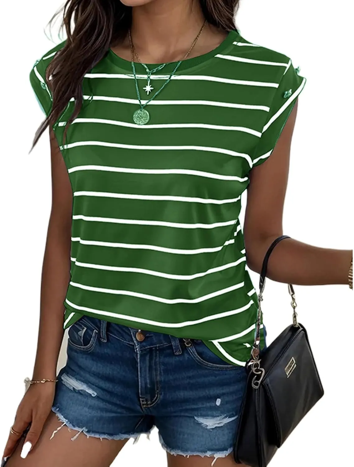 Summer Tops for Women Trendy Crewneck Cap Sleeve Tank Tops Comfortable Casual T Shirts Lightweight Loose Fit Tees Shirts