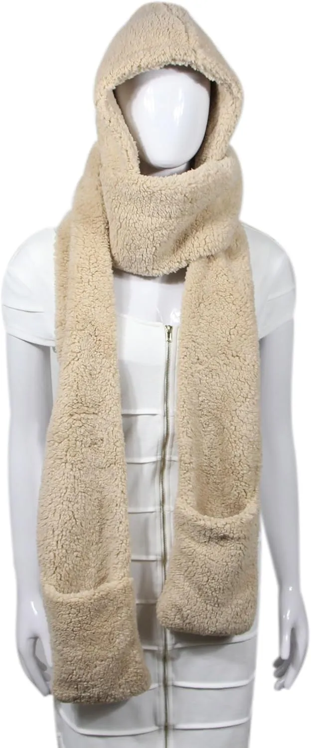 Super Soft Fleece Women’s Hooded Scarf & Hat W/Glove Pockets