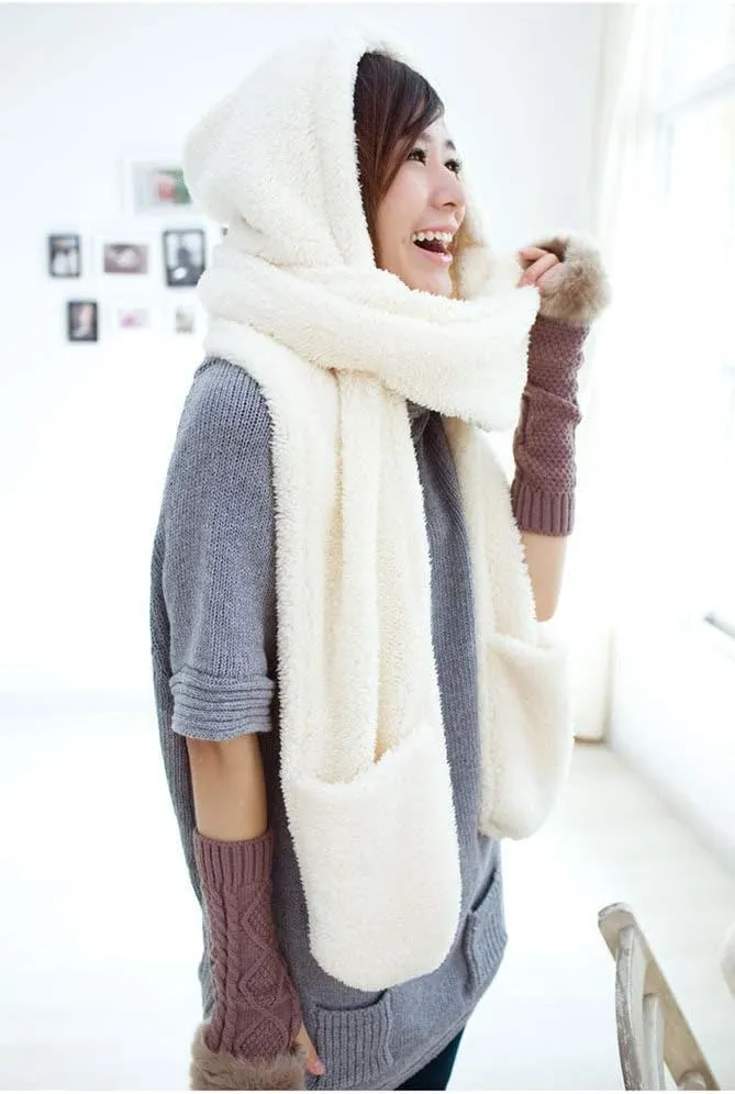 Super Soft Fleece Women’s Hooded Scarf & Hat W/Glove Pockets