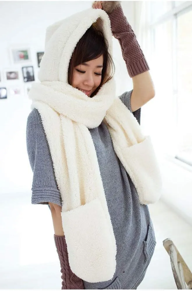 Super Soft Fleece Women’s Hooded Scarf & Hat W/Glove Pockets