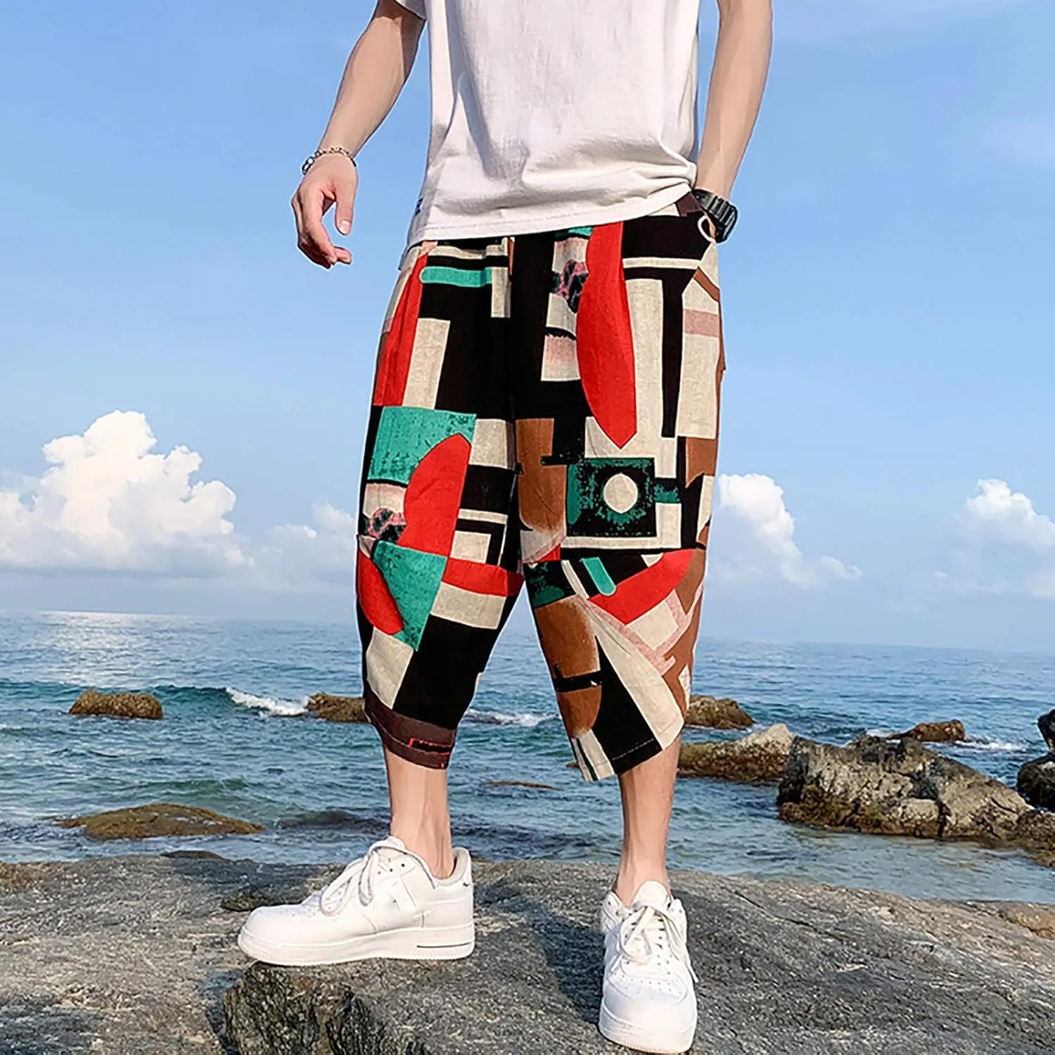SUWBMHWE Mens Elastic Waist Pants, Men's Cotton-Linen Loose Casual Lightweight Elastic Waist Pants Home Pants
