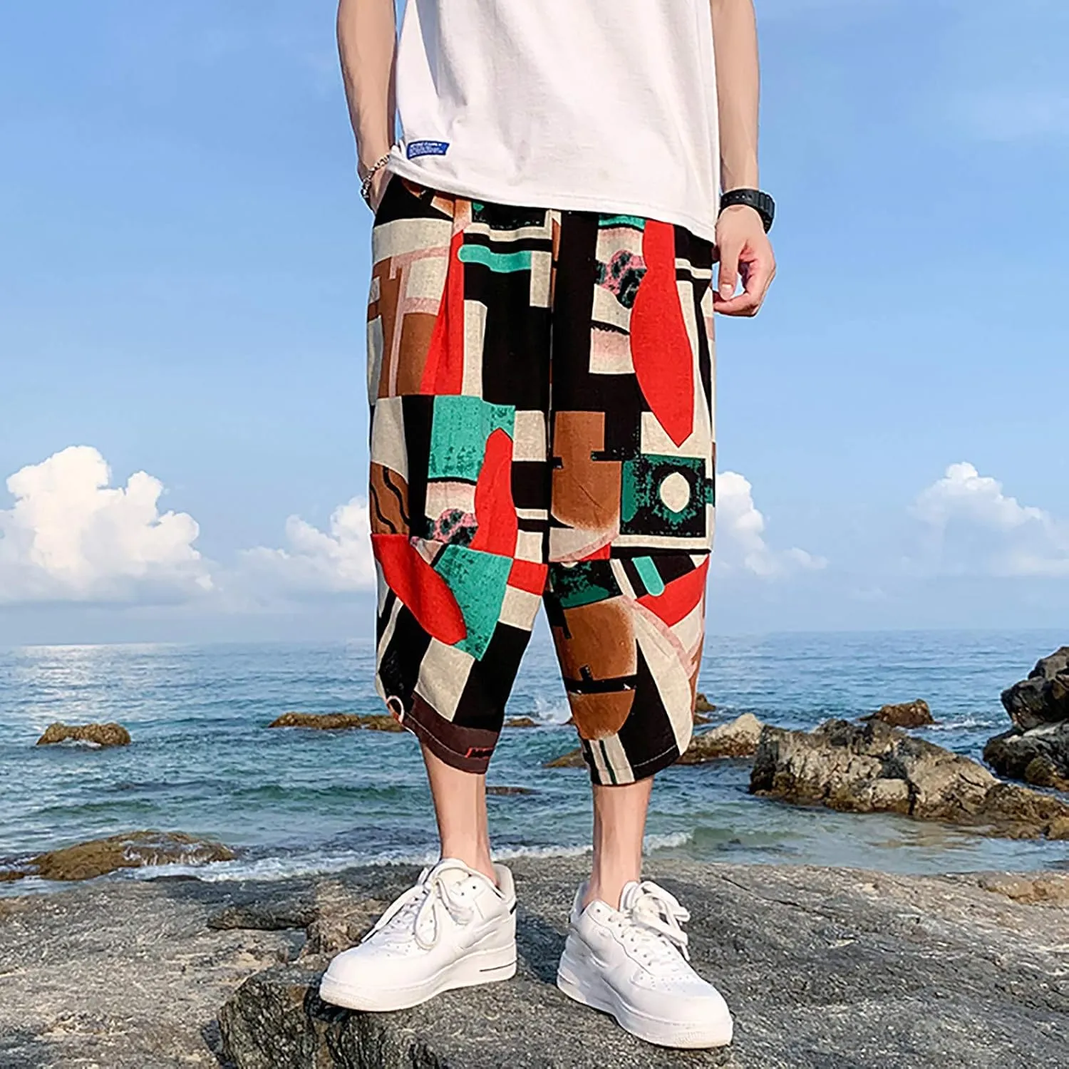 SUWBMHWE Mens Elastic Waist Pants, Men's Cotton-Linen Loose Casual Lightweight Elastic Waist Pants Home Pants