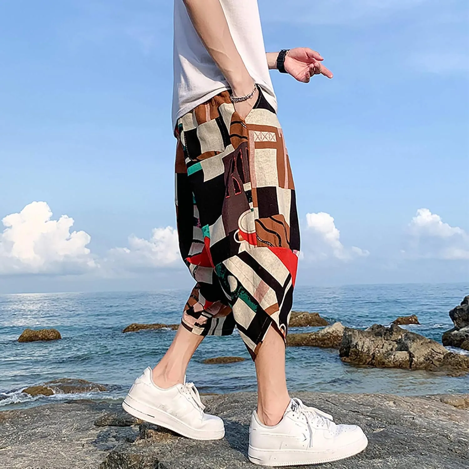 SUWBMHWE Mens Elastic Waist Pants, Men's Cotton-Linen Loose Casual Lightweight Elastic Waist Pants Home Pants