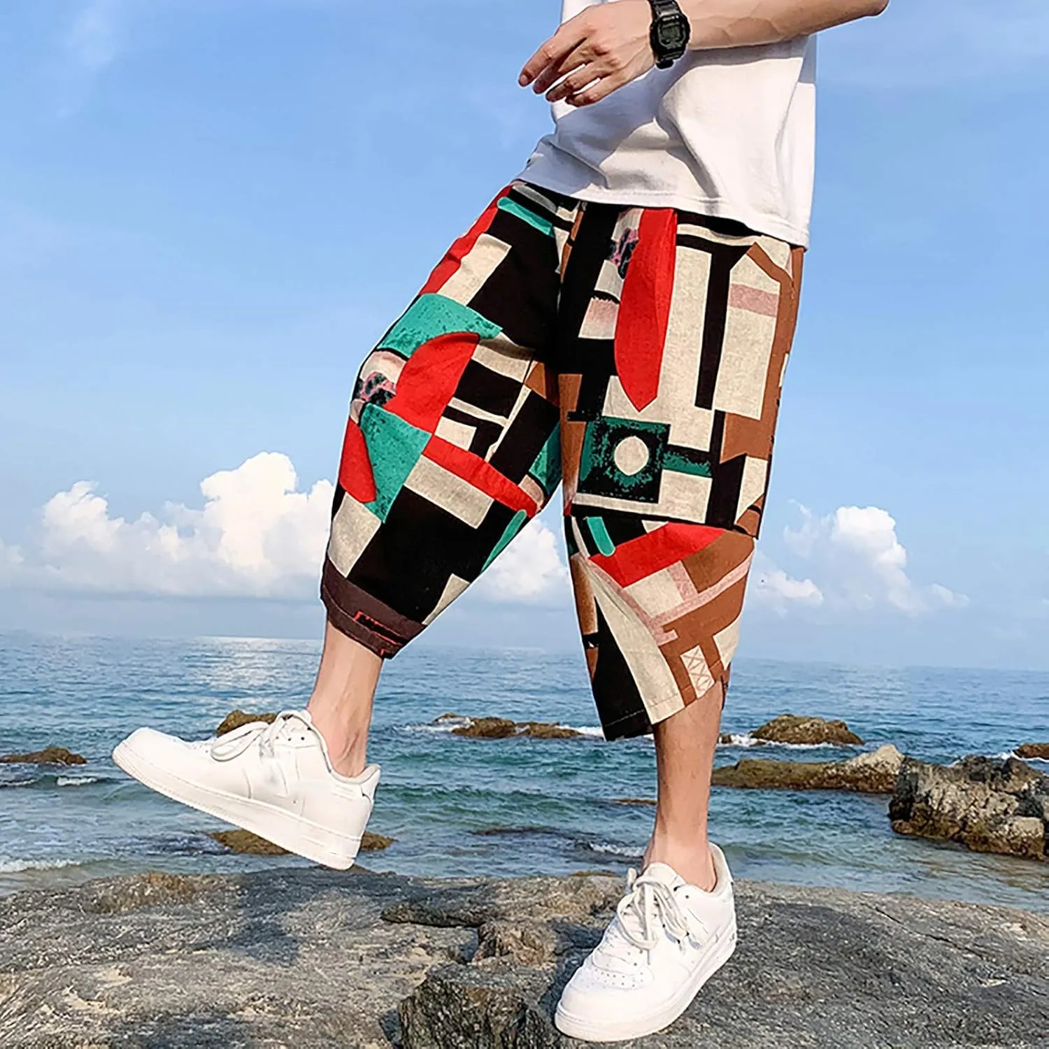 SUWBMHWE Mens Elastic Waist Pants, Men's Cotton-Linen Loose Casual Lightweight Elastic Waist Pants Home Pants