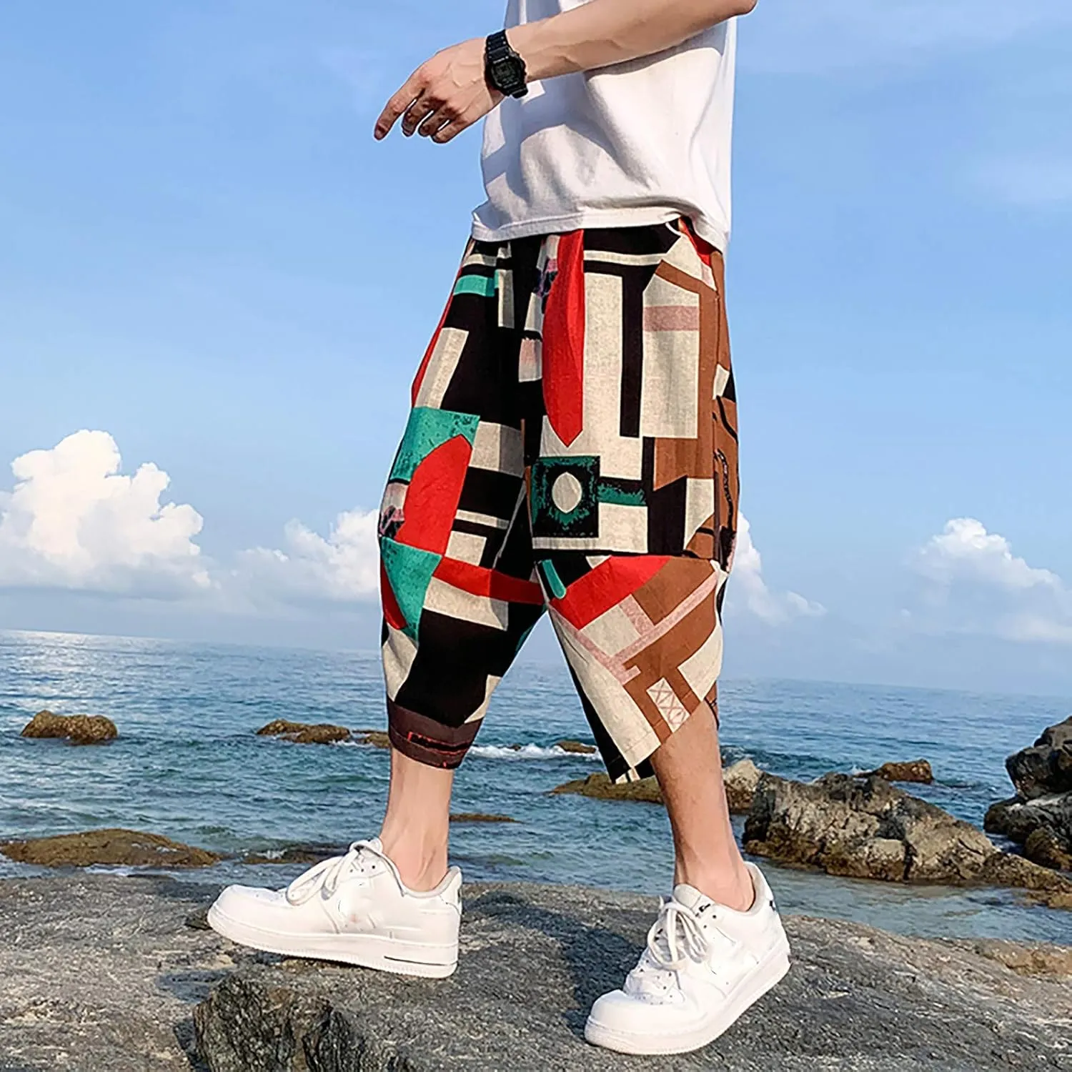 SUWBMHWE Mens Elastic Waist Pants, Men's Cotton-Linen Loose Casual Lightweight Elastic Waist Pants Home Pants