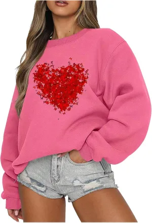 Sweatshirt for Women Trendy Oversized Love Heart Print Crewneck Casual Long Sleeve Sweater Fleece Fsashion Fall Tops