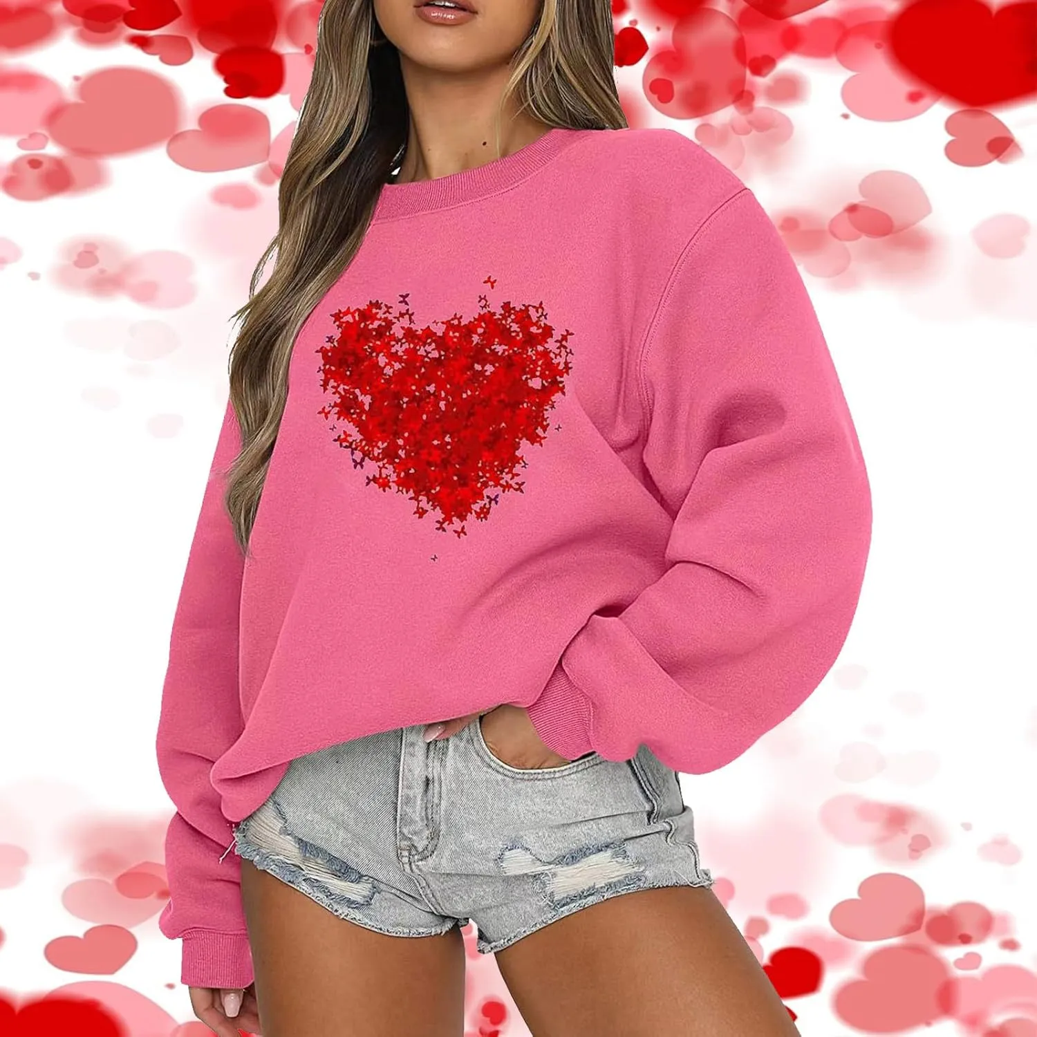 Sweatshirt for Women Trendy Oversized Love Heart Print Crewneck Casual Long Sleeve Sweater Fleece Fsashion Fall Tops
