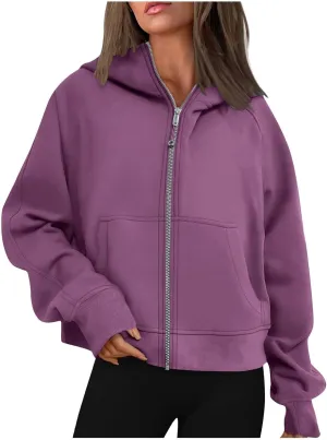 Sweatshirt For Women,Full Zip Up Cropped Hoodies With Pockets Zipper Fleece Jackets Casual Soft Oversized Sweatshirt