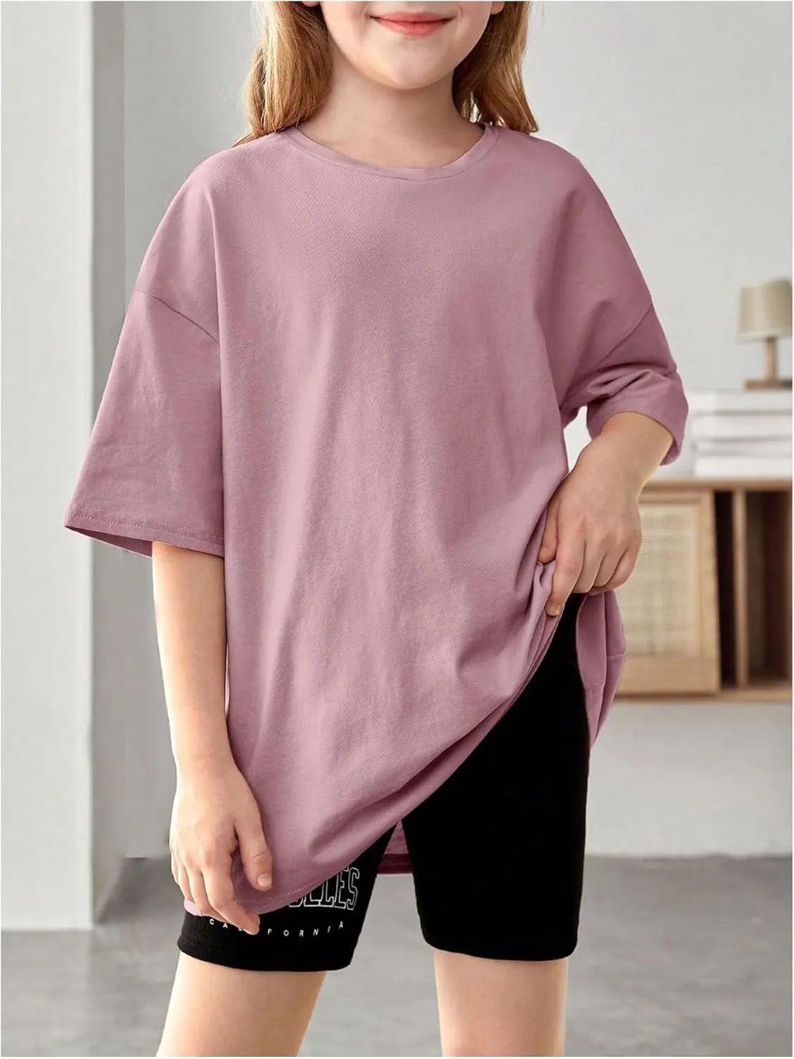 SweatyRocks Girl's T Shirts Half Sleeve Graphic Drop Shoulder Crew Neck Oversized Tees Top