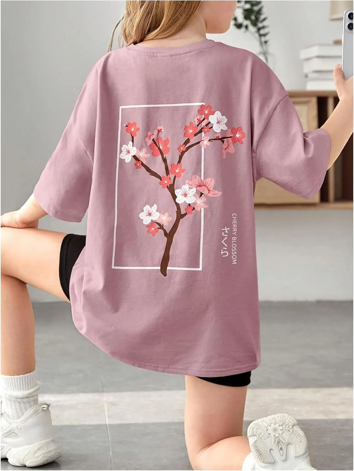 SweatyRocks Girl's T Shirts Half Sleeve Graphic Drop Shoulder Crew Neck Oversized Tees Top