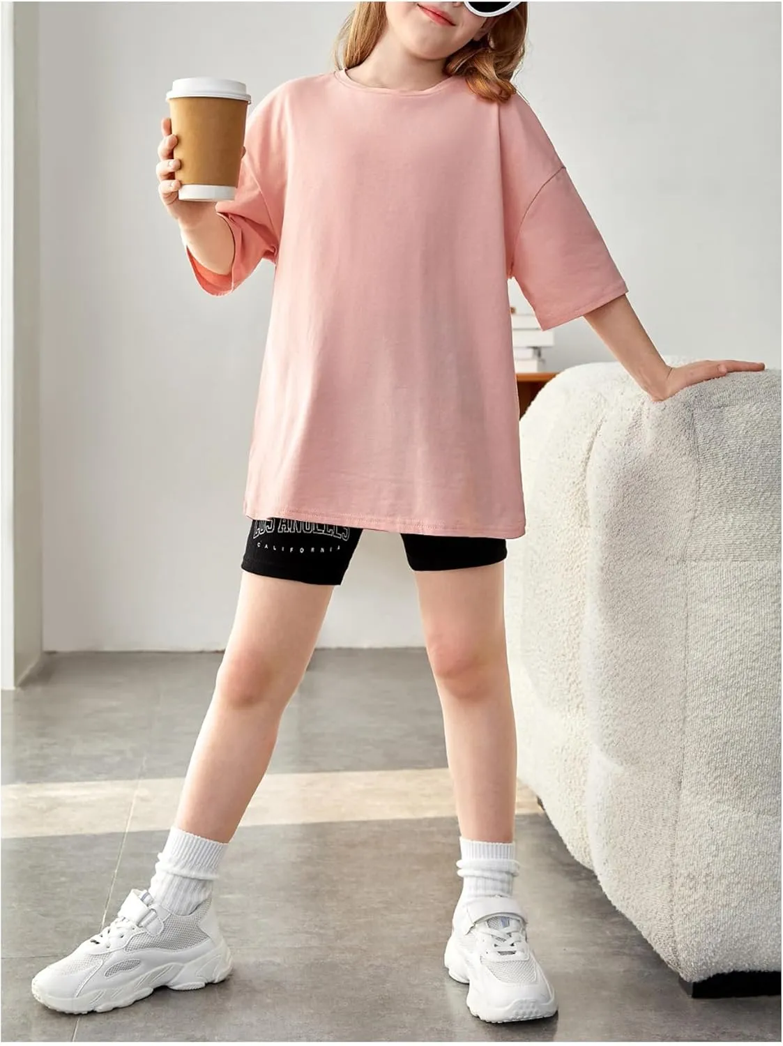 SweatyRocks Girl's T Shirts Half Sleeve Graphic Drop Shoulder Crew Neck Oversized Tees Top