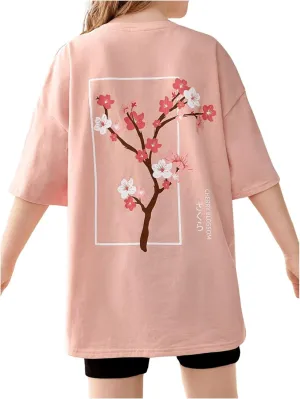 SweatyRocks Girl's T Shirts Half Sleeve Graphic Drop Shoulder Crew Neck Oversized Tees Top