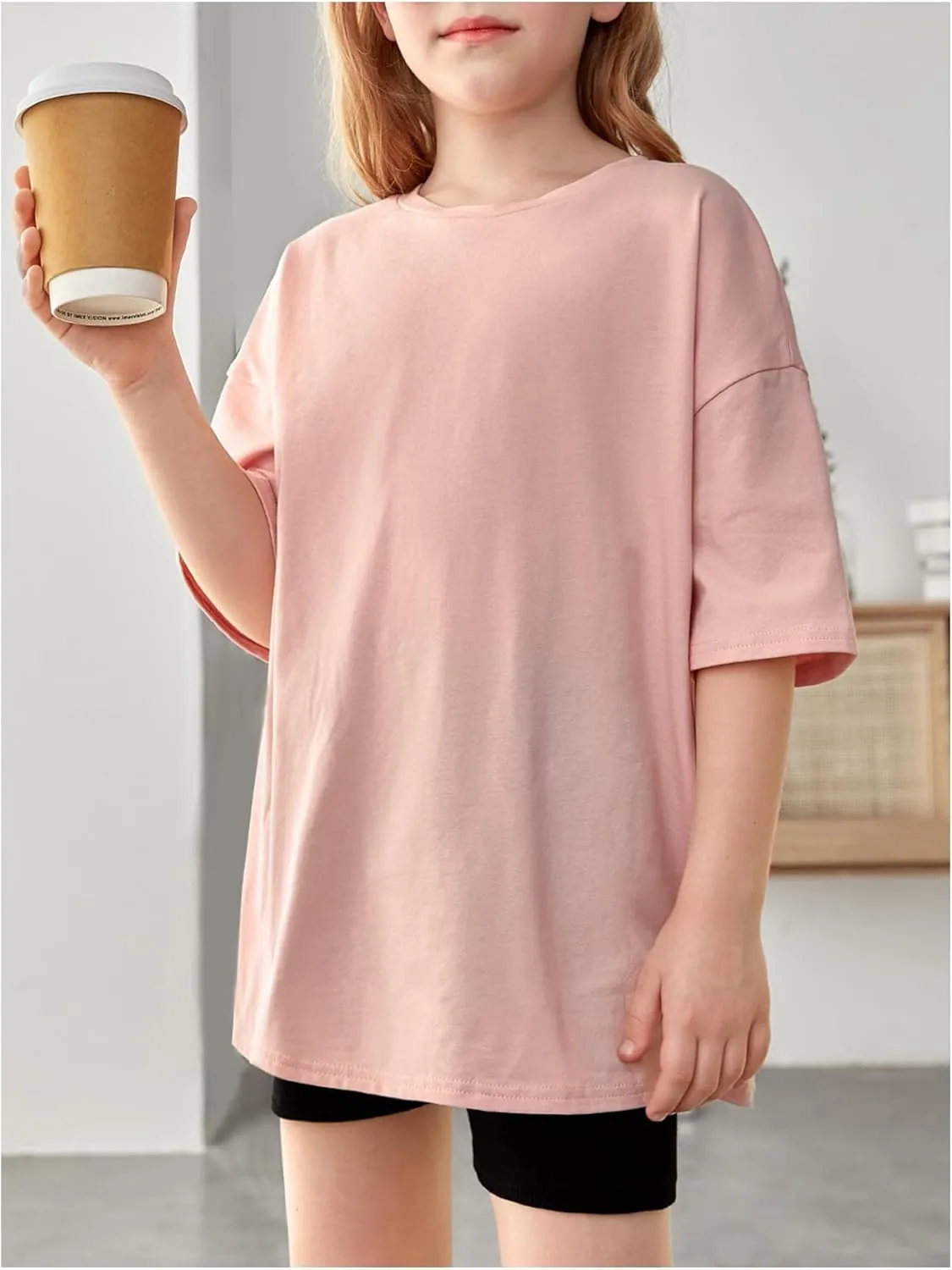 SweatyRocks Girl's T Shirts Half Sleeve Graphic Drop Shoulder Crew Neck Oversized Tees Top