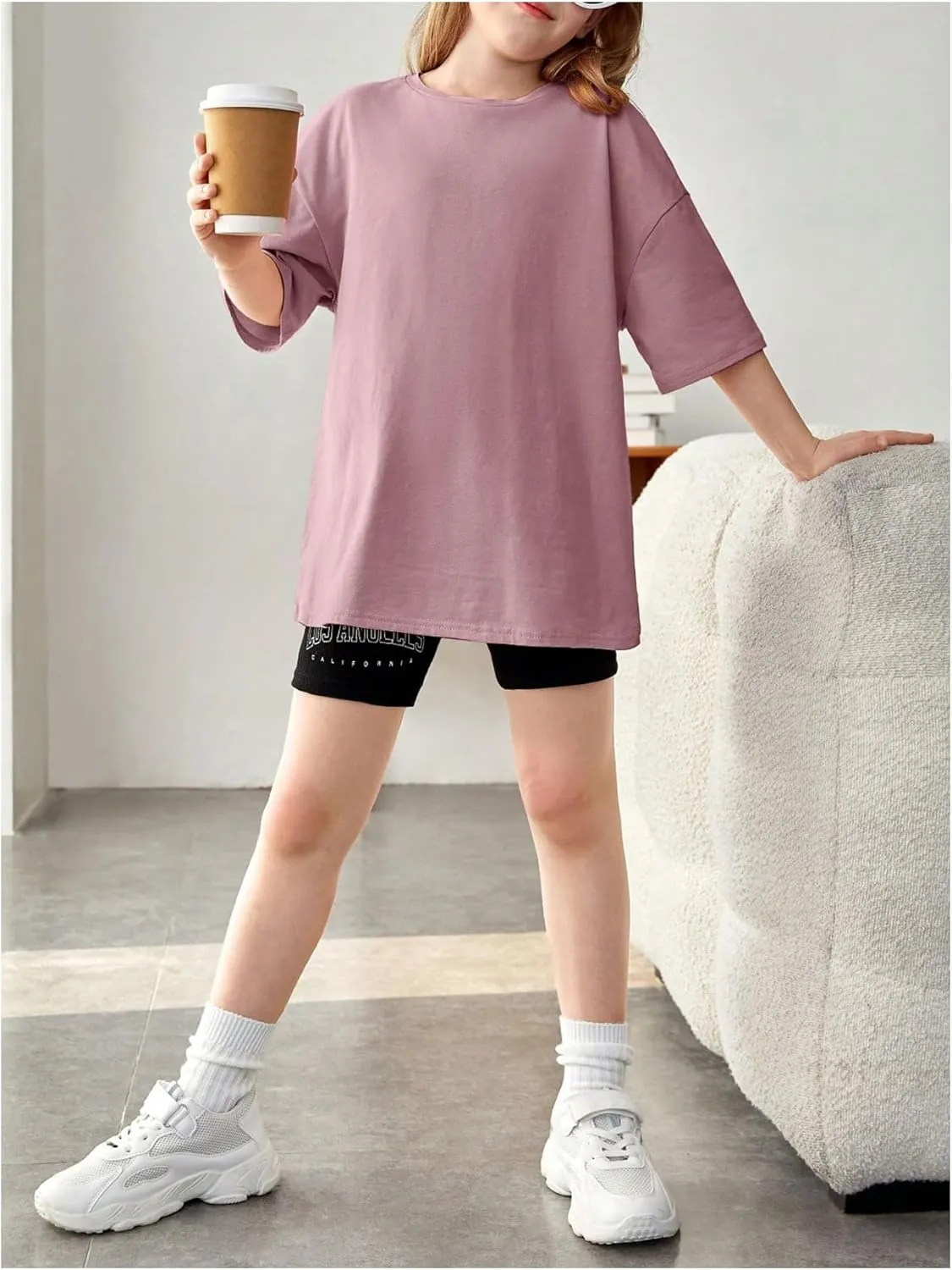 SweatyRocks Girl's T Shirts Half Sleeve Graphic Drop Shoulder Crew Neck Oversized Tees Top