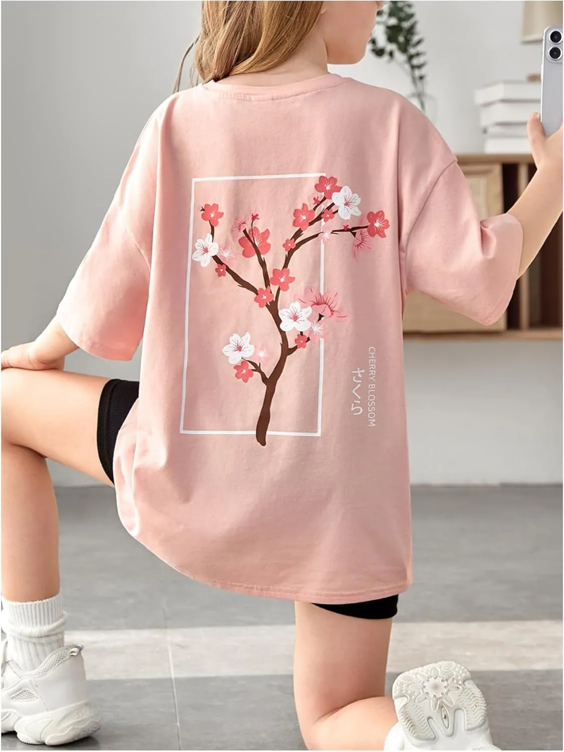 SweatyRocks Girl's T Shirts Half Sleeve Graphic Drop Shoulder Crew Neck Oversized Tees Top