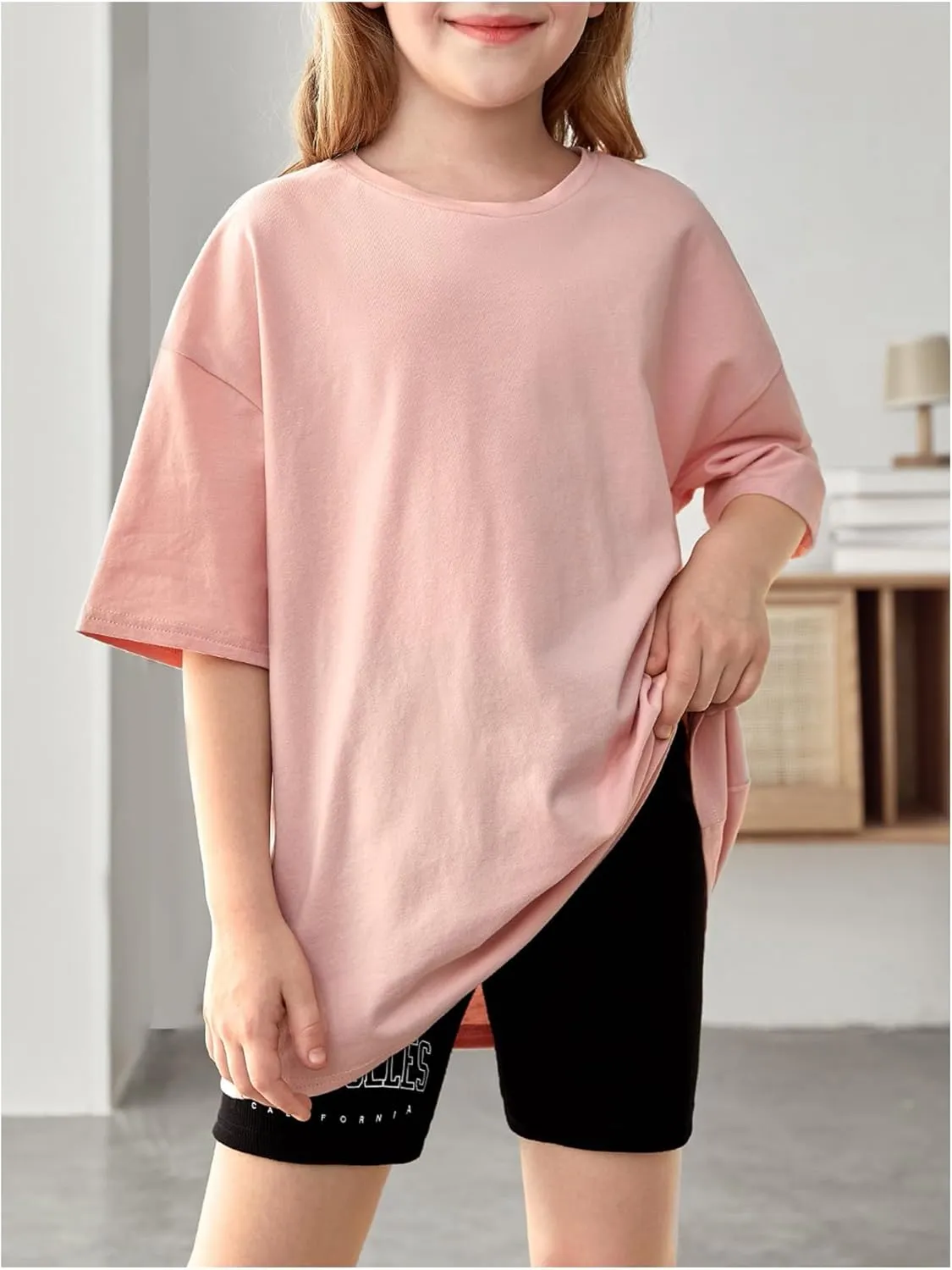SweatyRocks Girl's T Shirts Half Sleeve Graphic Drop Shoulder Crew Neck Oversized Tees Top