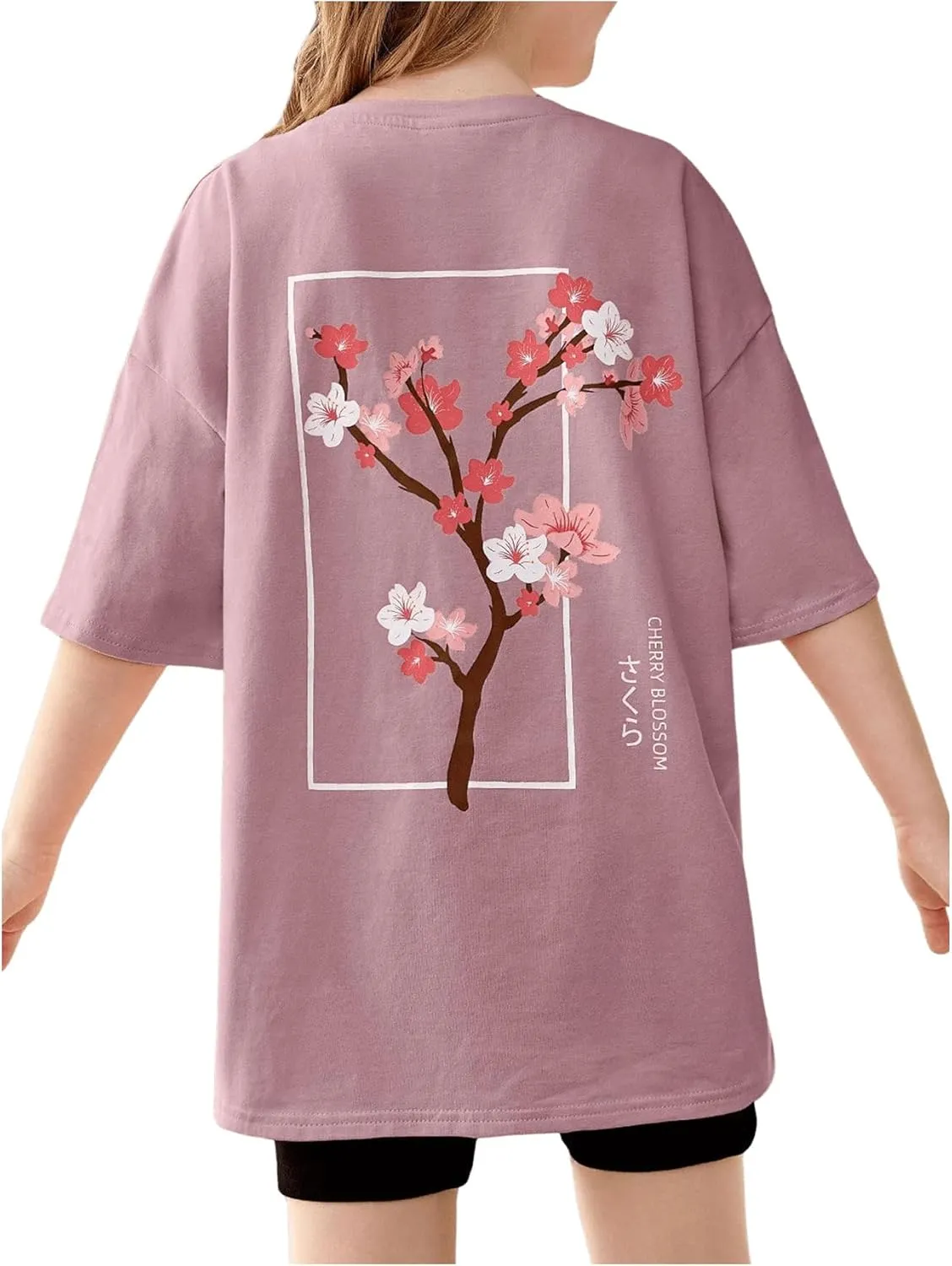 SweatyRocks Girl's T Shirts Half Sleeve Graphic Drop Shoulder Crew Neck Oversized Tees Top