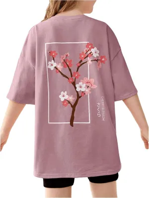 SweatyRocks Girl's T Shirts Half Sleeve Graphic Drop Shoulder Crew Neck Oversized Tees Top