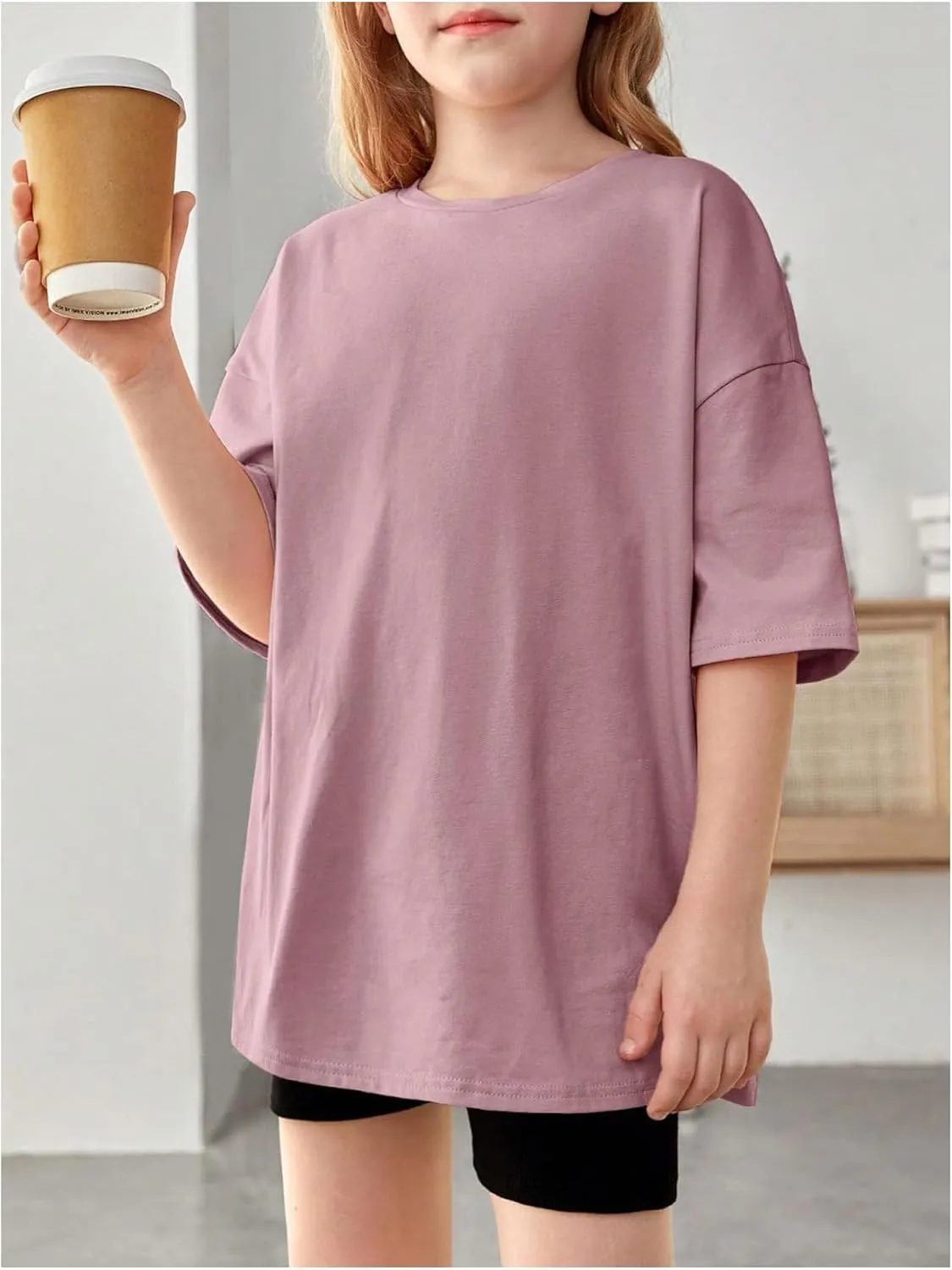 SweatyRocks Girl's T Shirts Half Sleeve Graphic Drop Shoulder Crew Neck Oversized Tees Top
