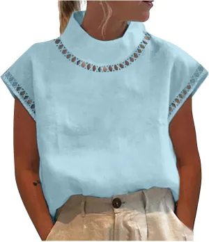 T Shirt for Women Fall Winter Cap Sleeve High Neck Linen Loose Fit Long Cardigan Plain Tops T Shirt Women 2024