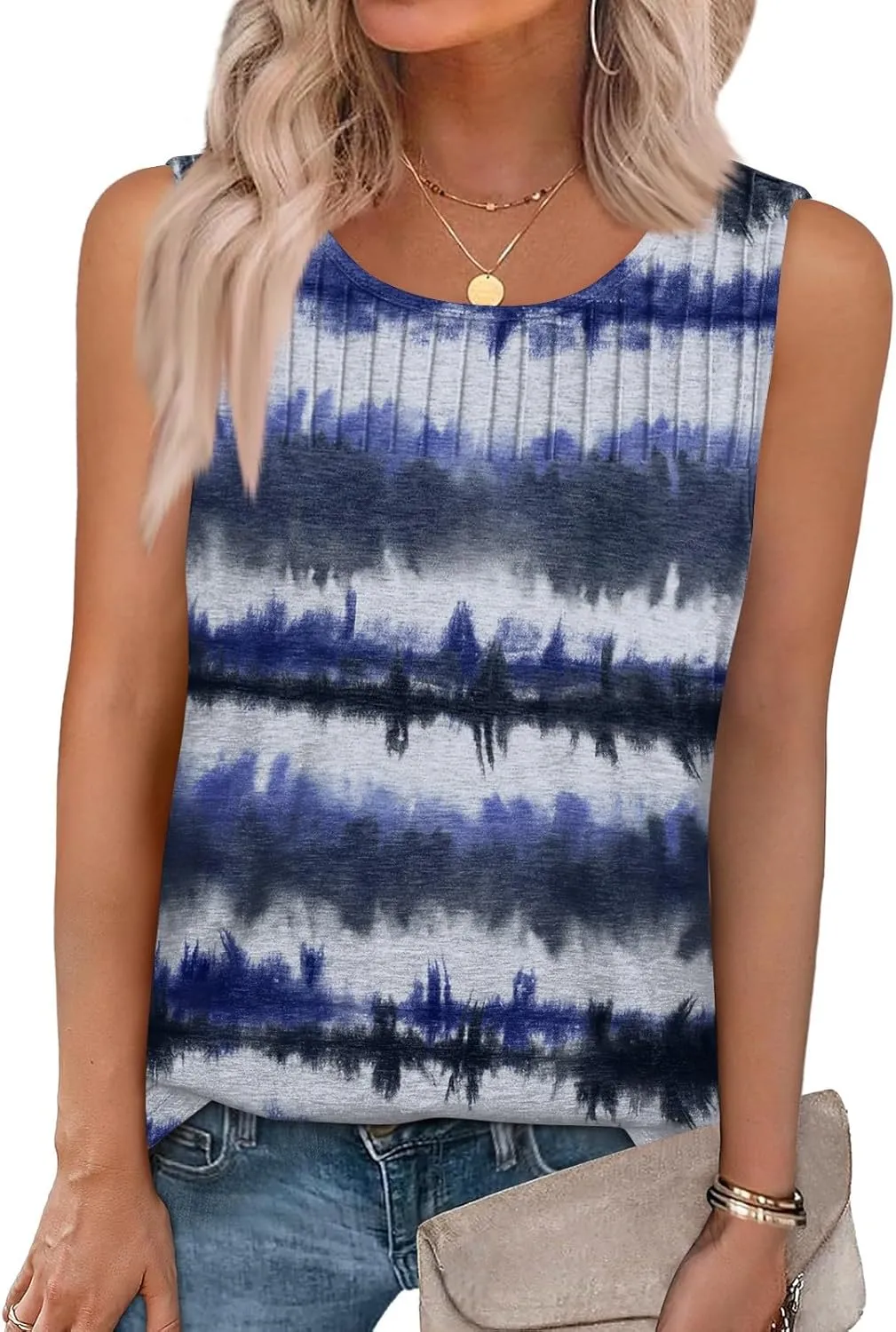 Tank Tops for Women Summer Fashion Crew Neck T Shirts Sleeveless Loose Pleated Floral Boho Tops Printed Basic Tee