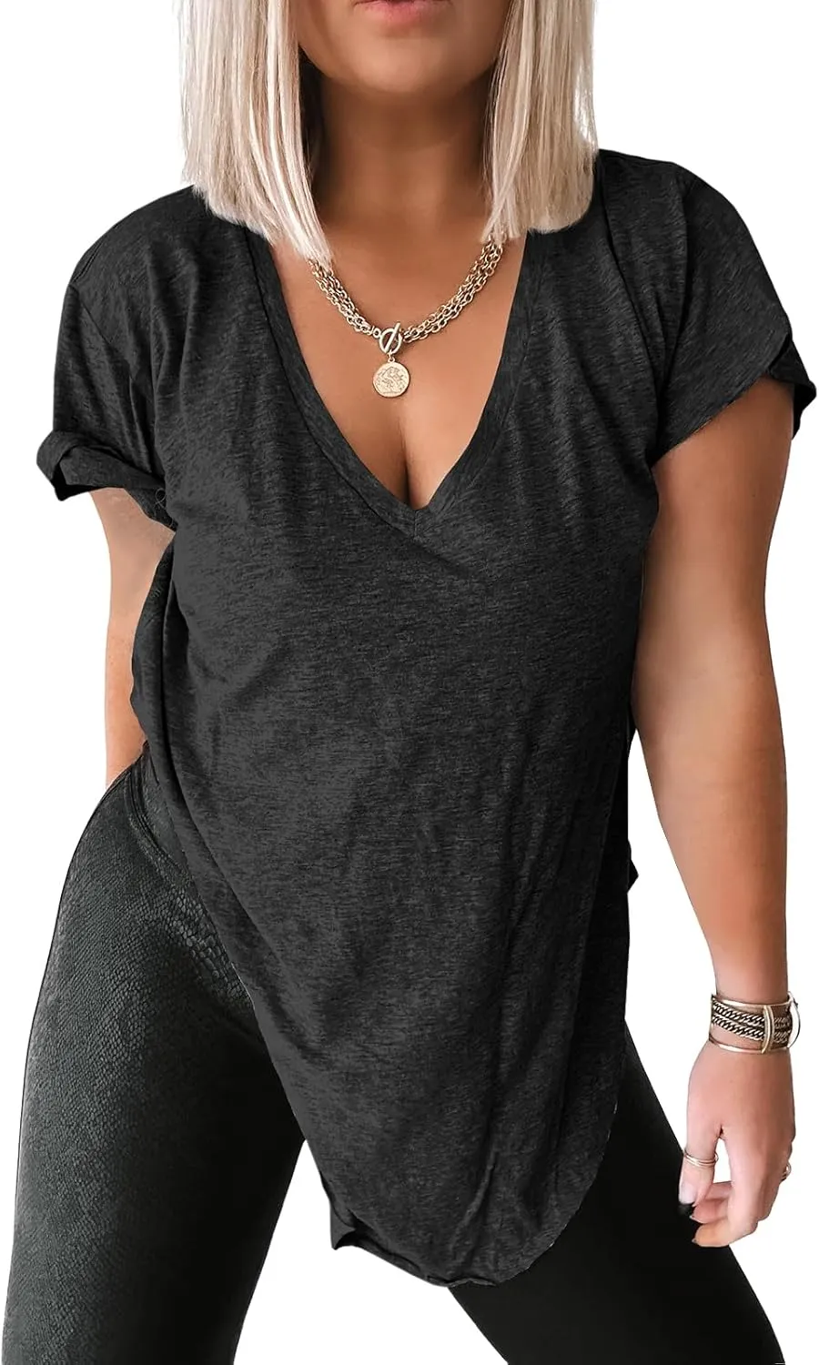Tankaneo Womens Deep V Neck Short Sleeve T Shirts Side Slit Oversized Summer Loose Tunic Top