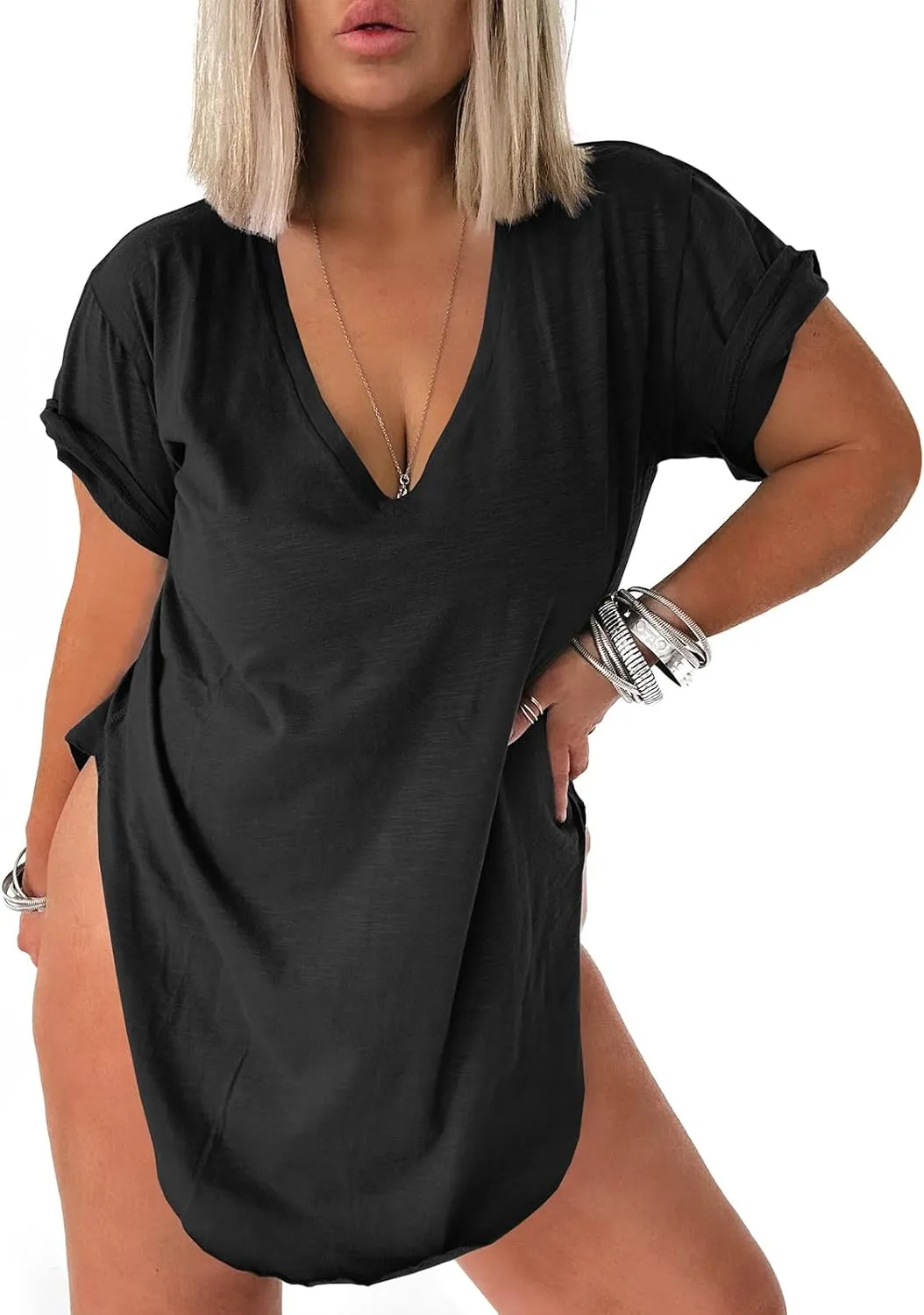 Tankaneo Womens Deep V Neck Short Sleeve T Shirts Side Slit Oversized Summer Loose Tunic Top