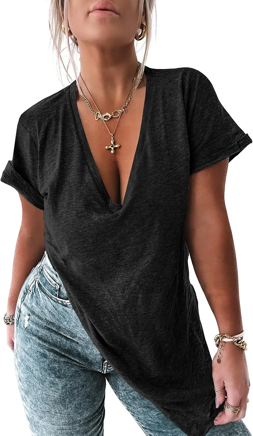 Tankaneo Womens Deep V Neck Short Sleeve T Shirts Side Slit Oversized Summer Loose Tunic Top