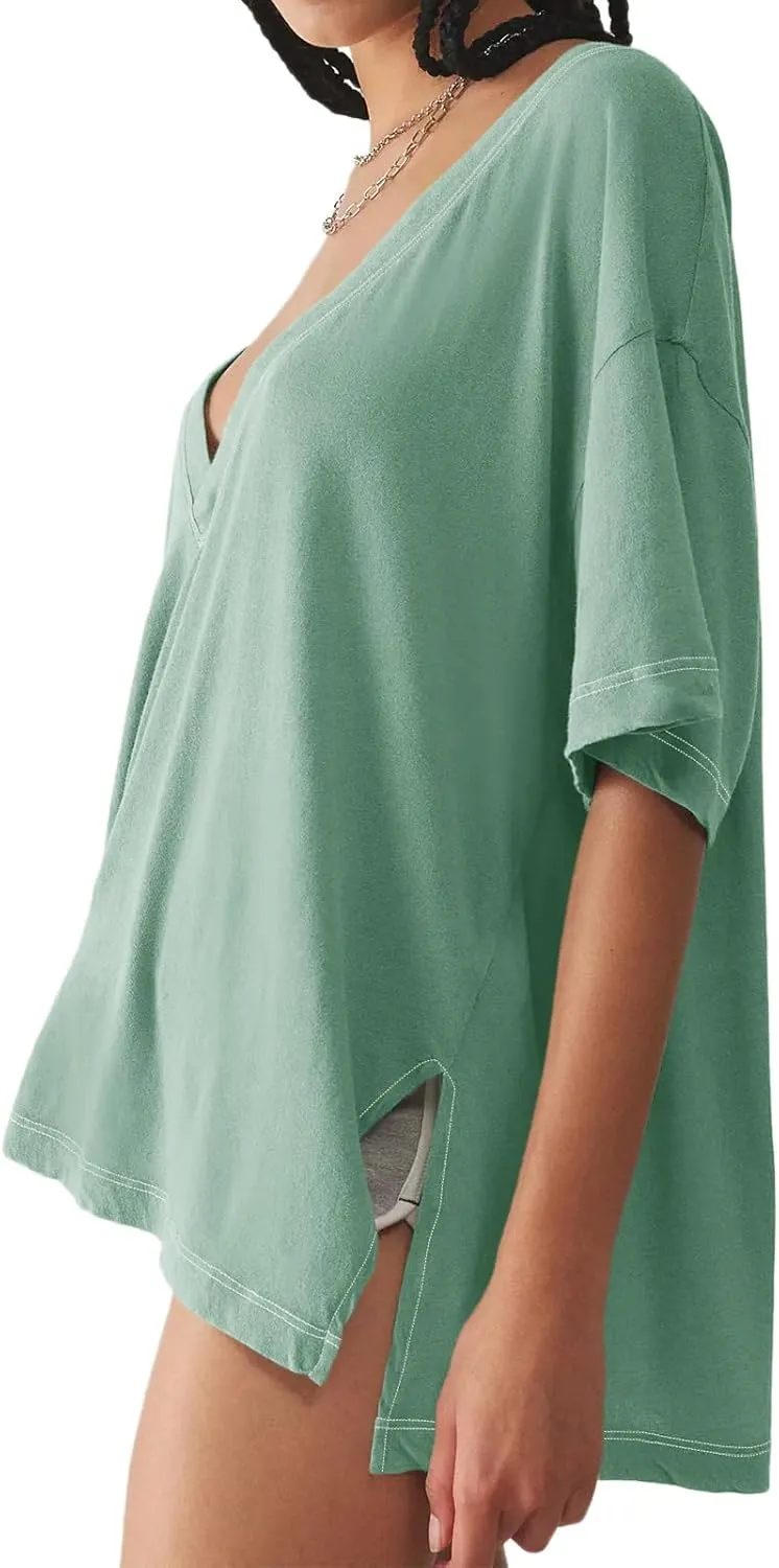 Tankaneo Womens Oversized Tshirts Deep V Neck Short Sleeve Tops Summer Casual Loose Fit Side Slit Tunic Shirts
