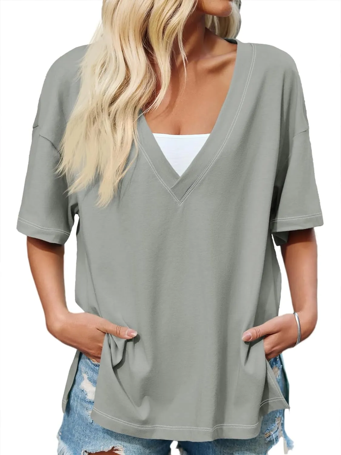 Tankaneo Womens Oversized Tshirts Deep V Neck Short Sleeve Tops Summer Casual Loose Fit Side Slit Tunic Shirts