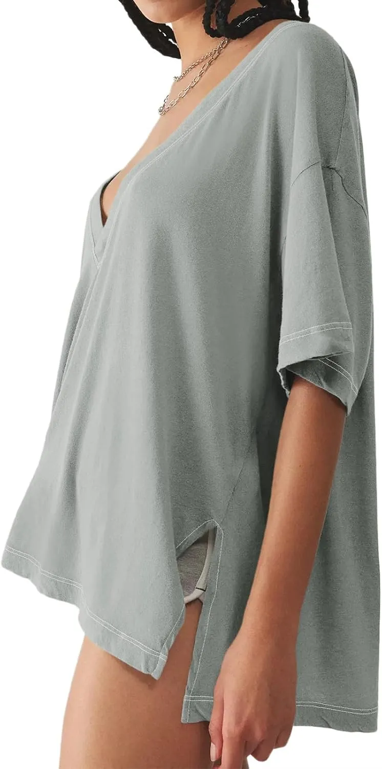 Tankaneo Womens Oversized Tshirts Deep V Neck Short Sleeve Tops Summer Casual Loose Fit Side Slit Tunic Shirts