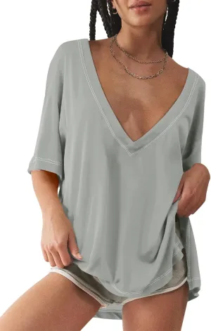 Tankaneo Womens Oversized Tshirts Deep V Neck Short Sleeve Tops Summer Casual Loose Fit Side Slit Tunic Shirts