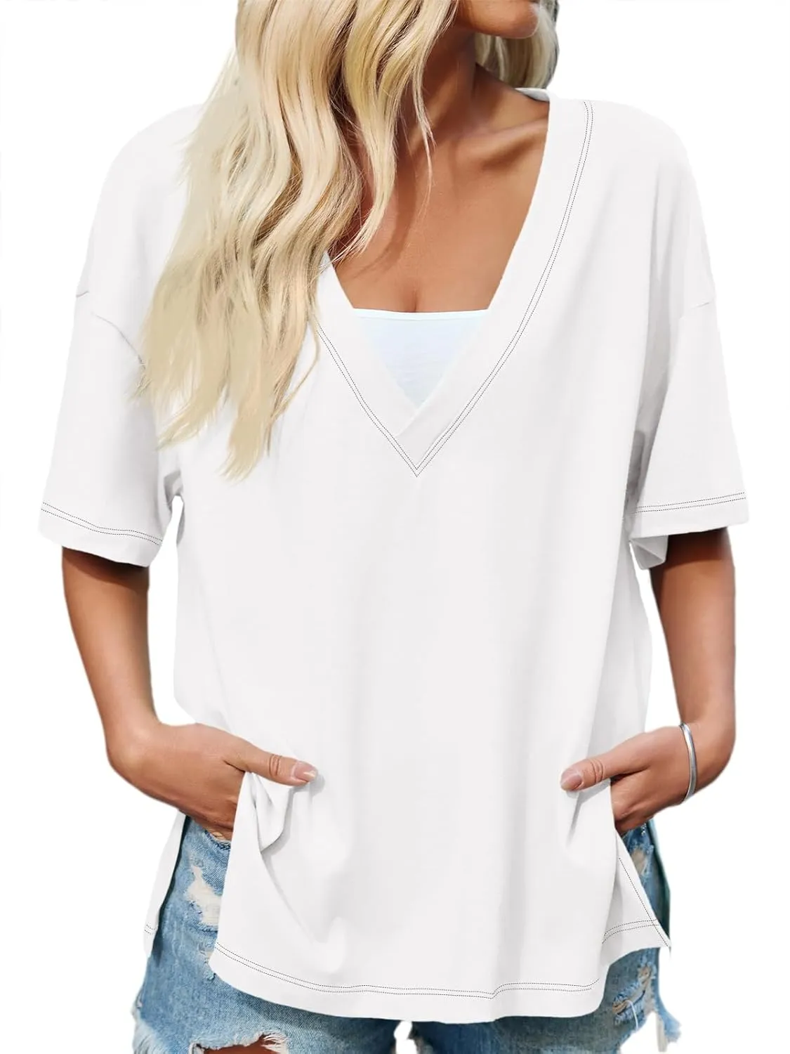 Tankaneo Womens Oversized Tshirts Deep V Neck Short Sleeve Tops Summer Casual Loose Fit Side Slit Tunic Shirts