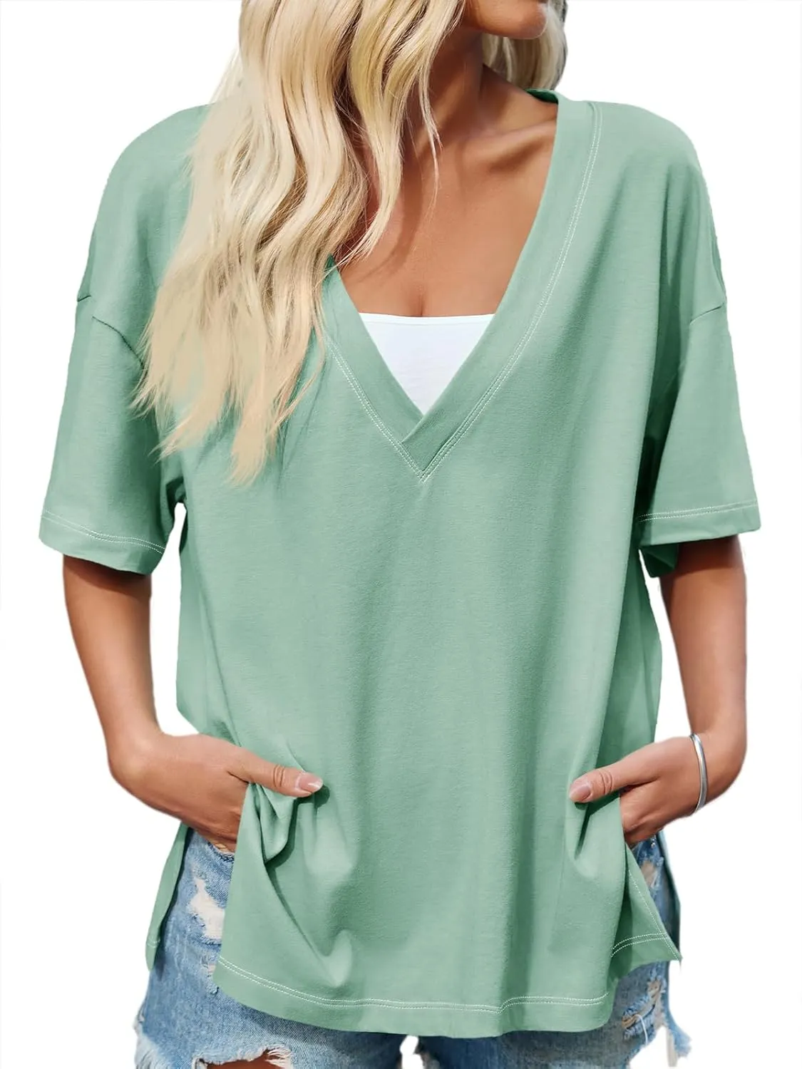 Tankaneo Womens Oversized Tshirts Deep V Neck Short Sleeve Tops Summer Casual Loose Fit Side Slit Tunic Shirts