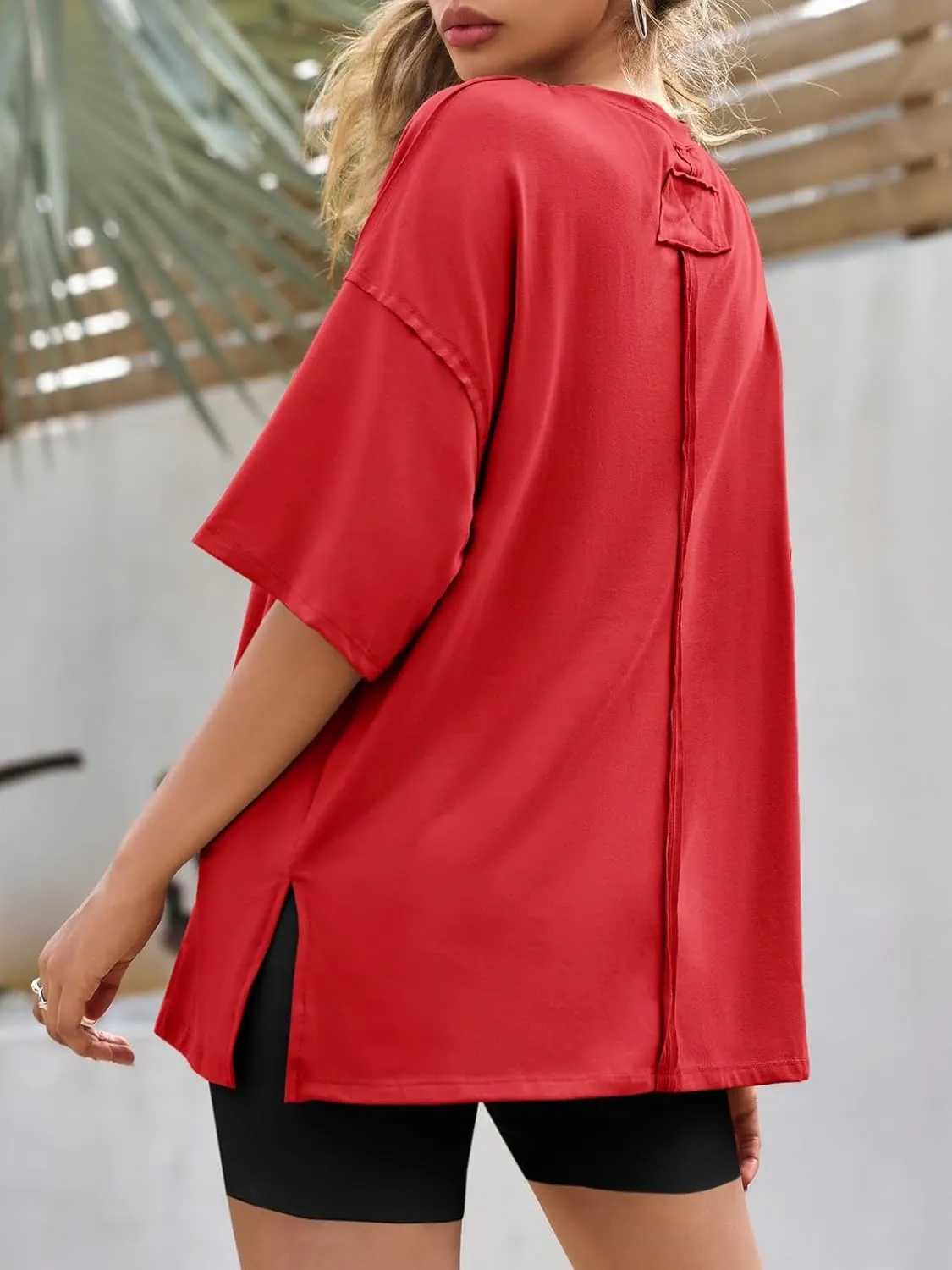 Tankaneo Womens Oversized Tshirts Summer Casual Short Sleeve Crew Neck T Shirt Loose Fit Side Slit Tee Tops
